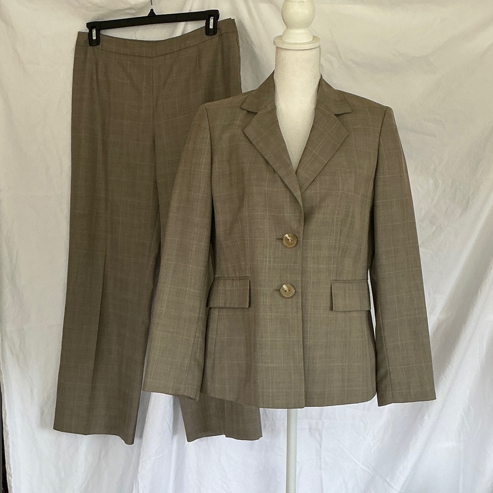 Kasper Two-Piece Plaid Pantsuit in Olive Taupe